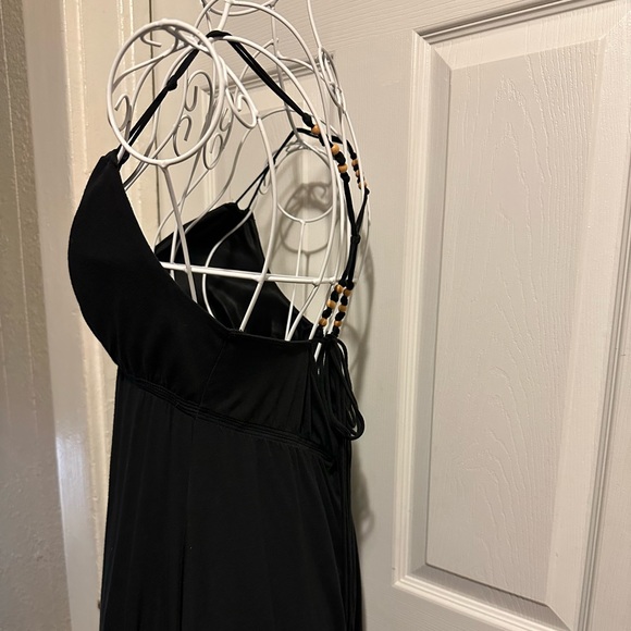 Vintage Cotton Wood Beaded Adjustable Straps Black Midi Dress - Picture 3 of 9